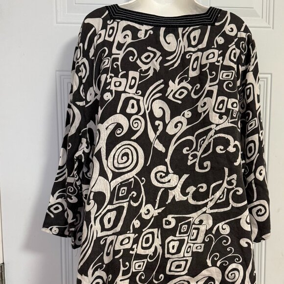 Black White Abstract Print Tunic Blouse Square Neck Oversized Boho Top - Picture 5 of 11